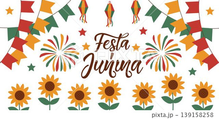 Colorful Festa Junina festival illustration featuring traditional Brazilian June party elements. Perfect for festive designs, invitations, banners, and event promotions 139158258
