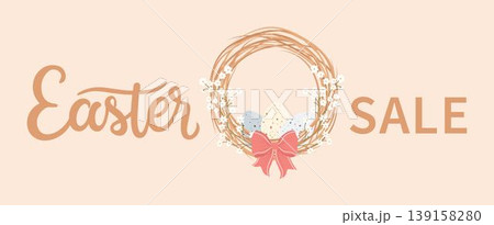 Decorative Easter wreath made of twigs willow with eggs and bow. Commercial banner for Easter holiday season shopping promotion and sale advertising 139158280