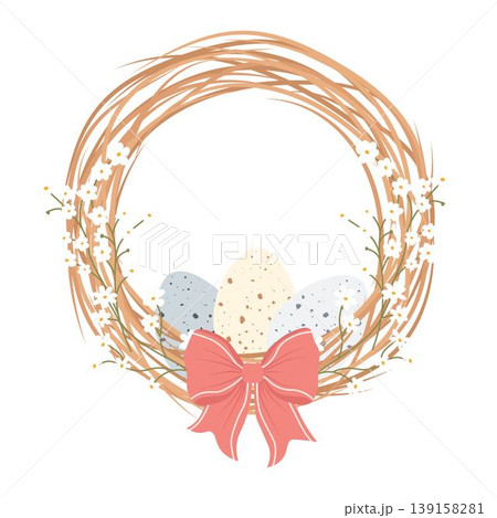 Decorative Easter wreath made of twigs willow with eggs and bow. Easter greeting card 139158281