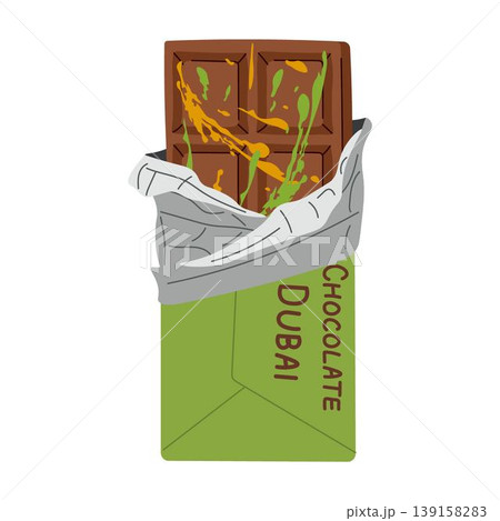 Dubai chocolate bar with pistachio paste filling in packaging. Luxury gourmet dessert. Premium handmade chocolate, cocoa dessert Dubai chocolate bar with pistachio paste filling in packaging. Luxury gourmet dessert. Premium handmade chocolate, cocoa dessert 139158283