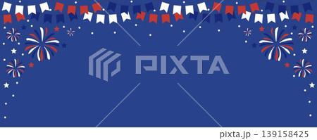 Festive patriotic background in red, white, and blue featuring bunting banners, fireworks, and stars on a dark blue backdrop. Perfect for celebrations like Independence Day, Memorial Day, or national Festive patriotic background in red, white, and blue featuring bunting banners, fireworks, and stars on a dark blue backdrop. Perfect for celebrations like Independence Day, Memorial Day, or national 139158425