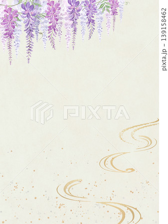 藤の花と金色の装飾・水彩イラスト素材 縦型春初夏向けヘッダーデザイン 139158462