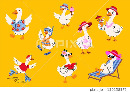 Cute Cartoon Ducks Enjoying Summer Activities and Vacation Cute Cartoon Ducks Enjoying Summer Activities and Vacation 139158573