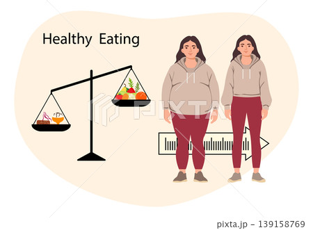 Healthy eating concept with balanced diet scale and woman transformation illustration background 139158769