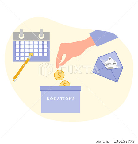 Hand placing coins in donation box with calendar and envelope background Hand placing coins in donation box with calendar and envelope background 139158775