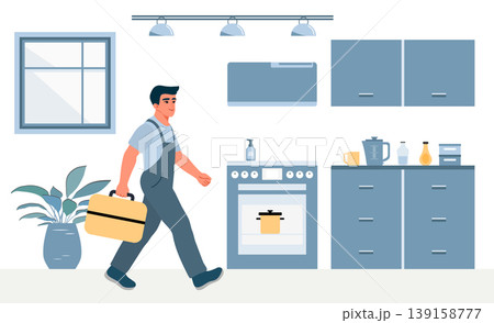 Repairman carrying toolbox walking through modern kitchen interior background Repairman carrying toolbox walking through modern kitchen interior background 139158777