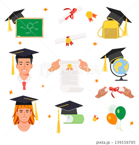 Graduation items, cap, diploma, and student illustrations for academic achievement concepts Graduation items, cap, diploma, and student illustrations for academic achievement concepts 139158785