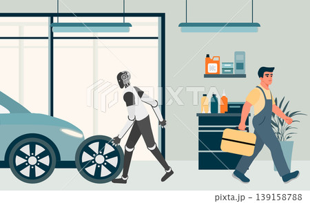 Robot in auto repair shop working on car wheel while human mechanic walks away with toolbox 139158788
