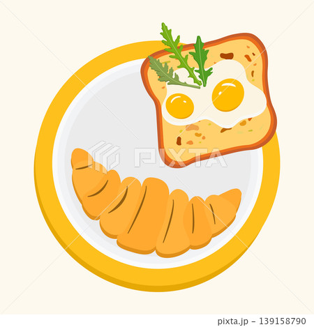 Breakfast illustration with croissant, toast, and sunny-side-up eggs on a plate, view from above Breakfast illustration with croissant, toast, and sunny-side-up eggs on a plate, view from above 139158790