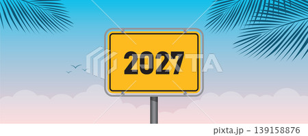 summer holiday sign 2027 on blue sky background with palm leaves vector illustration 139158876