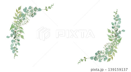 水彩ユーカリとかすみ草のコーナーフレーム 透過PNG装飾素材 139159137