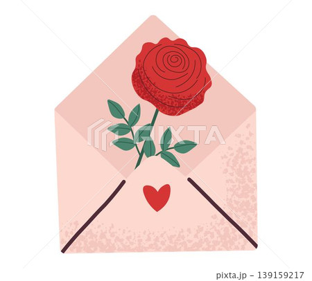 Love letter. Envelope with rose. Simple card for Valentine's Day. Message in love concept Love letter. Envelope with rose. Simple card for Valentine's Day. Message in love concept 139159217