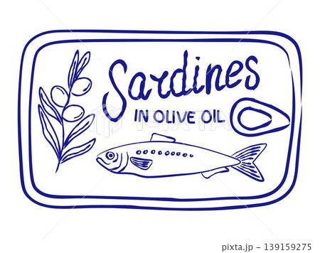 Retro-style of a sardine can label with hand drawn fish and text Sardines in olive oil. Simple monochrome graphic perfect for stickers and print 139159275