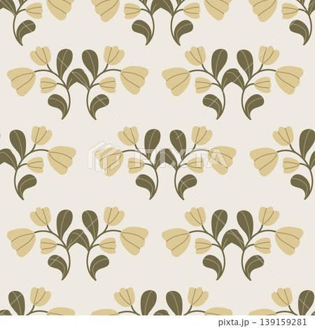 Seamless botanical pattern featuring stylized floral branches and leaves on a cream background. Elegant and minimal design a natural, vintage-inspired aesthetic. Subtle color palette and organic Seamless botanical pattern featuring stylized floral branches and leaves on a cream background. Elegant and minimal design a natural, vintage-inspired aesthetic. Subtle color palette and organic 139159281
