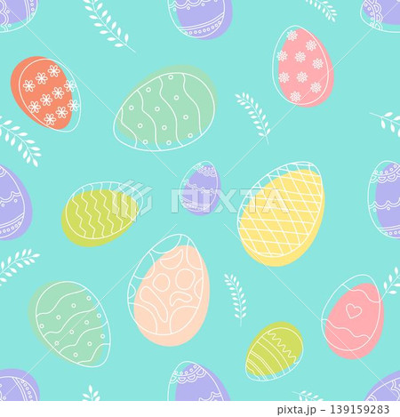 Seamless Easter pattern with colorful decorative eggs. Minimalist pattern with pastel colors and floral details Seamless Easter pattern with colorful decorative eggs. Minimalist pattern with pastel colors and floral details 139159283