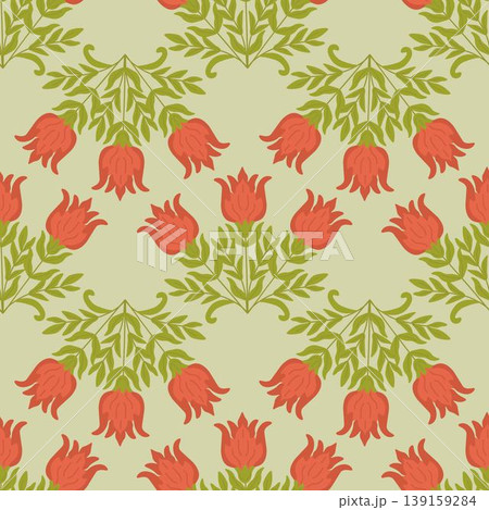Seamless floral pattern featuring stylized red tulip flowers and green leaves on a light background. Perfect for vintage and decorative 139159284
