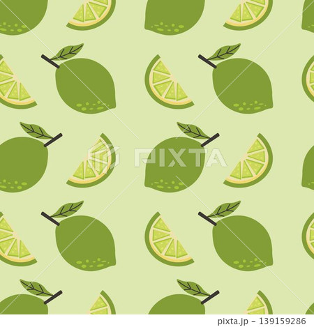 Seamless pattern featuring lime and lime slices on green background. Perfect for summer designs, food packaging, fabric, or kitchen-themed prints 139159286