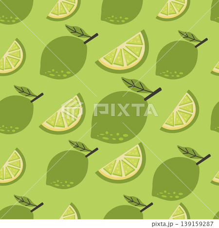 Seamless pattern featuring lime and lime slices on green background. Perfect for summer designs, food packaging, fabric, or kitchen-themed prints 139159287