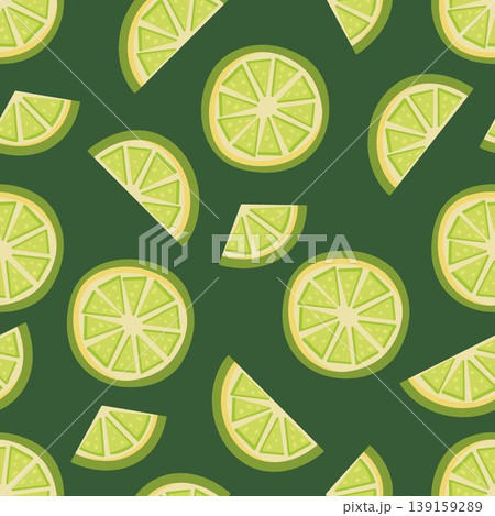 Seamless pattern featuring lime slices and wedges on a dark green background. Perfect for summer designs, food packaging, fabric, or kitchen-themed prints Seamless pattern featuring lime slices and wedges on a dark green background. Perfect for summer designs, food packaging, fabric, or kitchen-themed prints 139159289