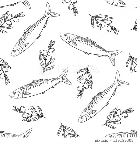 Seamless pattern with sardine and branches olive. Ideal for seafood packaging, kitchen textiles, restaurant branding, wrapping paper, or retro nautical-themed designs 139159309