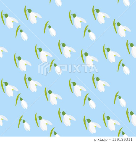 Seamless snowdrops floral pattern featuring delicate white flowers on a blue background. Ideal for textile design, packaging, wallpaper Seamless snowdrops floral pattern featuring delicate white flowers on a blue background. Ideal for textile design, packaging, wallpaper 139159311