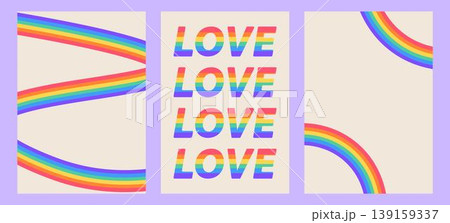 Set simple posters rainbow arcs and LOVE text in pride colors. Celebrates diversity, equality, and LGBTQ+ community. Ideal for social media, events, and apparel 139159337