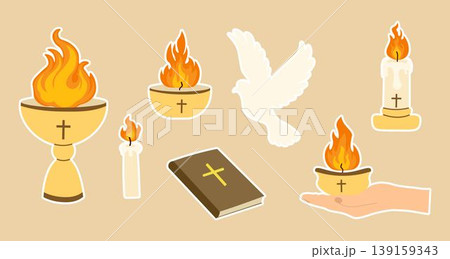 Set of stickers Pentecost Sunday elements dove of peace, flames of the Holy Spirit, Bible, burning candles, chalice, and open hand 139159343