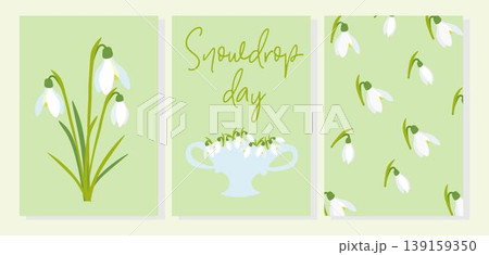 Snowdrops template set. Delicate white flowers with a minimalist, nature-inspired aesthetic. Ideal for organic products, packaging, invitations, and seasonal promotions 139159350