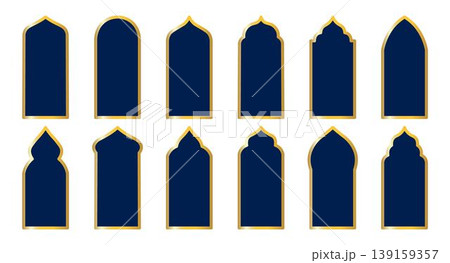 Set of shape in dark blue with gold borders.  Elegant Arabic, Moroccan and Persian ornamental elements. For Ramadan, Eid Mubarak, and Islamic design projects 139159357