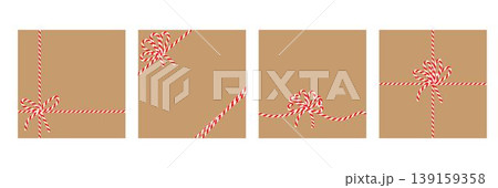 Set of square craft brown backgrounds with candy cane ribbon. Christmas packing string for decoration and present Set of square craft brown backgrounds with candy cane ribbon. Christmas packing string for decoration and present 139159358