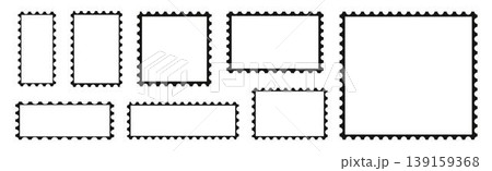 Set of postcard stamps template. Mockup postage stamps.Jagged wavy edge forms Set of postcard stamps template. Mockup postage stamps.Jagged wavy edge forms 139159368