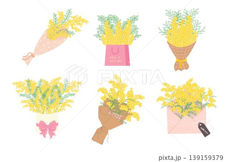 Set of Mimosa Bouquets. Spring Yellow Flowers Collection. Floral illustration in a soft, elegant style for spring holidays 139159379