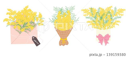 Set of Mimosa Bouquets. Spring Yellow Flowers Collection. Floral illustration in a soft, elegant style for spring holidays Set of Mimosa Bouquets. Spring Yellow Flowers Collection. Floral illustration in a soft, elegant style for spring holidays 139159380