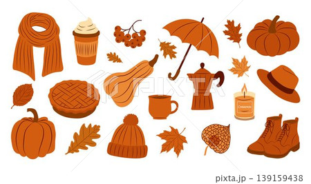 Set of autumn themed cozy elements. Perfect for fall designs, Thanksgiving decorations, greeting cards, posters and social media graphics Set of autumn themed cozy elements. Perfect for fall designs, Thanksgiving decorations, greeting cards, posters and social media graphics 139159438
