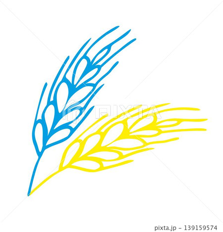 Blue and yellow Spikelet of wheat in doodle style. Simple black and white sketch of wheat, barley or rye stalk for bakery products, flour, package.Vector illustration Blue and yellow Spikelet of wheat in doodle style. Simple black and white sketch of wheat, barley or rye stalk for bakery products, flour, package.Vector illustration 139159574