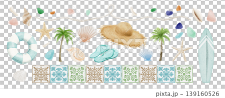Watercolor illustration set with beach elements: straw hat, seashells, palm trees, sea glass. 139160526