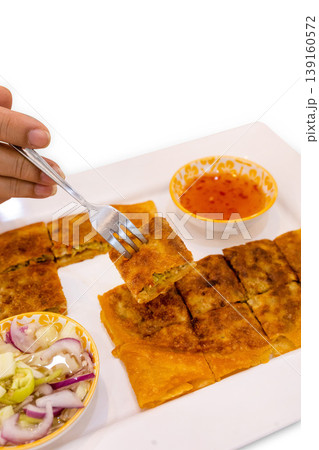Top view of Roti Mataba Kind of Muslim and Indian food, focus selective 139160572