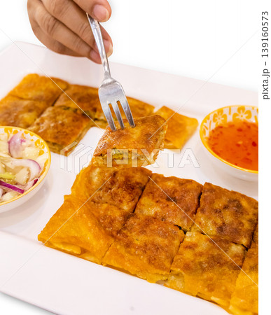 Top view of Roti Mataba Kind of Muslim and Indian food, focus selective 139160573