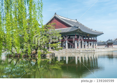 Seoul, South Korea - Apr. 12 , 2026 : Gyeonghoeru Pavilion in Gyeongbokgung Palace with cherry blossoms in Spring, Seoul, South Korea 139160599