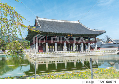 Seoul, South Korea - Apr. 12 , 2026 : Gyeonghoeru Pavilion in Gyeongbokgung Palace with cherry blossoms in Spring, Seoul, South Korea Seoul, South Korea - Apr. 12 , 2026 : Gyeonghoeru Pavilion in Gyeongbokgung Palace with cherry blossoms in Spring, Seoul, South Korea 139160614