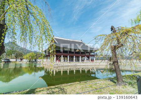 Seoul, South Korea - Apr. 12 , 2026 : Gyeonghoeru Pavilion in Gyeongbokgung Palace with cherry blossoms in Spring, Seoul, South Korea 139160643