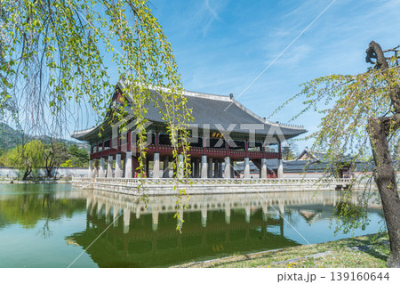 Seoul, South Korea - Apr. 12 , 2026 : Gyeonghoeru Pavilion in Gyeongbokgung Palace with cherry blossoms in Spring, Seoul, South Korea 139160644