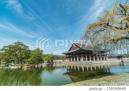Seoul, South Korea - Apr. 12 , 2026 : Gyeonghoeru Pavilion in Gyeongbokgung Palace with cherry blossoms in Spring, Seoul, South Korea 139160649