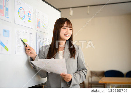 ホワイトボードの前でプレゼンテーションをするスーツ姿の若い日本人女性ビジネスパーソン ホワイトボードの前でプレゼンテーションをするスーツ姿の若い日本人女性ビジネスパーソン 139160795