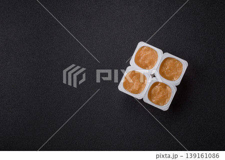 Apple sweet sauce, baby food, canned ingredient for desserts. Apple sauce Apple sweet sauce, baby food, canned ingredient for desserts. Apple sauce 139161086