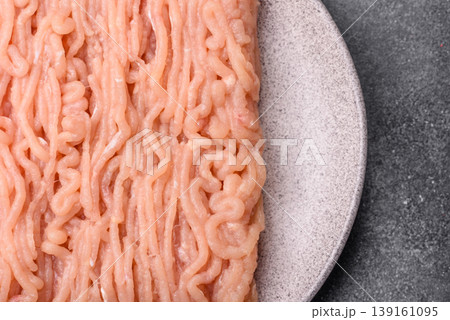 Raw fresh ground chicken, turkey, or pork for burgers or meatballs. Raw ground chicken Raw fresh ground chicken, turkey, or pork for burgers or meatballs. Raw ground chicken 139161095