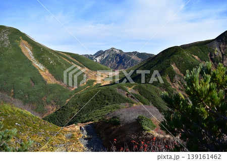 北アルプス・双六小屋と奥にそびえる鷲羽岳・登山道から望む秋の山岳風景 139161462
