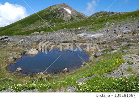 夏の高山帯に広がる池塘と残雪の風景・可憐な高山植物が彩る山岳景観 夏の高山帯に広がる池塘と残雪の風景・可憐な高山植物が彩る山岳景観 139161667