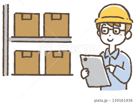 タブレットで在庫確認をする作業員のイラスト。 タブレットで在庫確認をする作業員のイラスト。 139161936