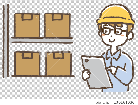 タブレットで在庫確認をする作業員のイラスト。 タブレットで在庫確認をする作業員のイラスト。 139161936